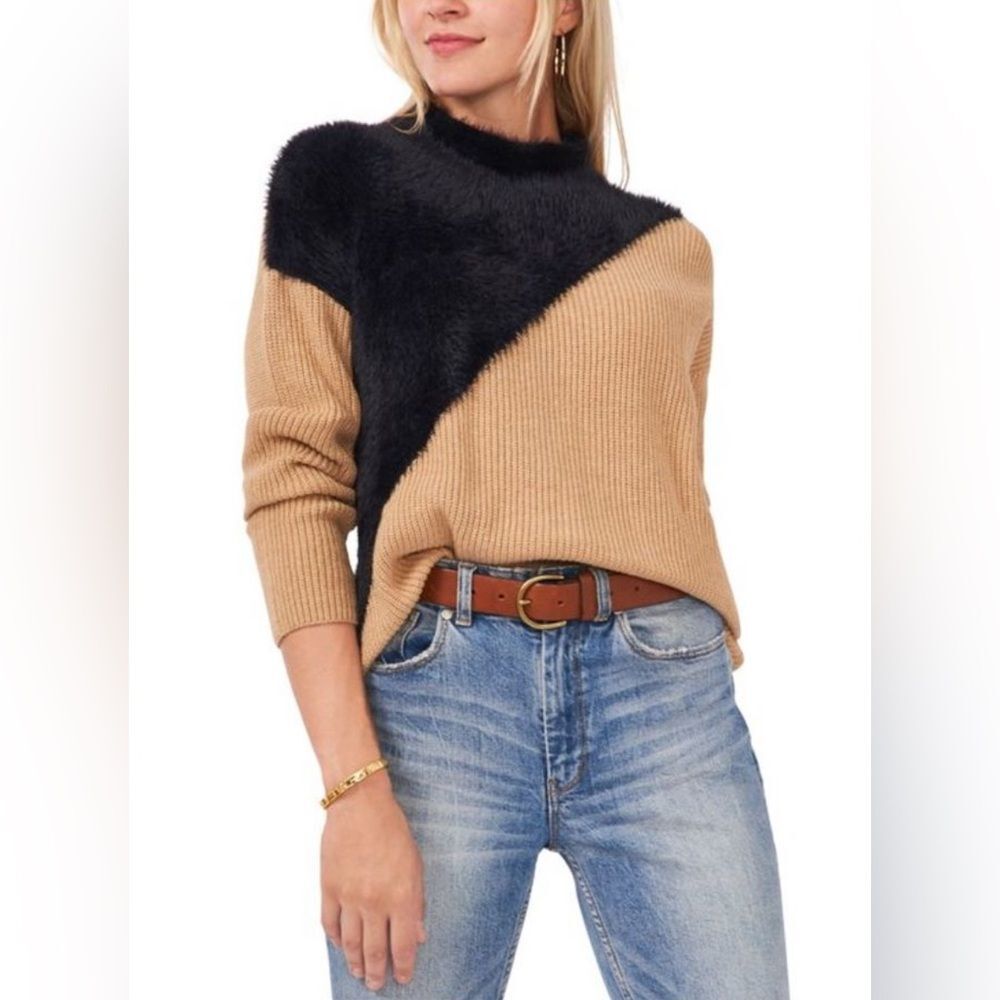 VINCE CAMUTO Womens Textured & Faux Fur Long Sleeve Crew Neck Sweater XL EUC